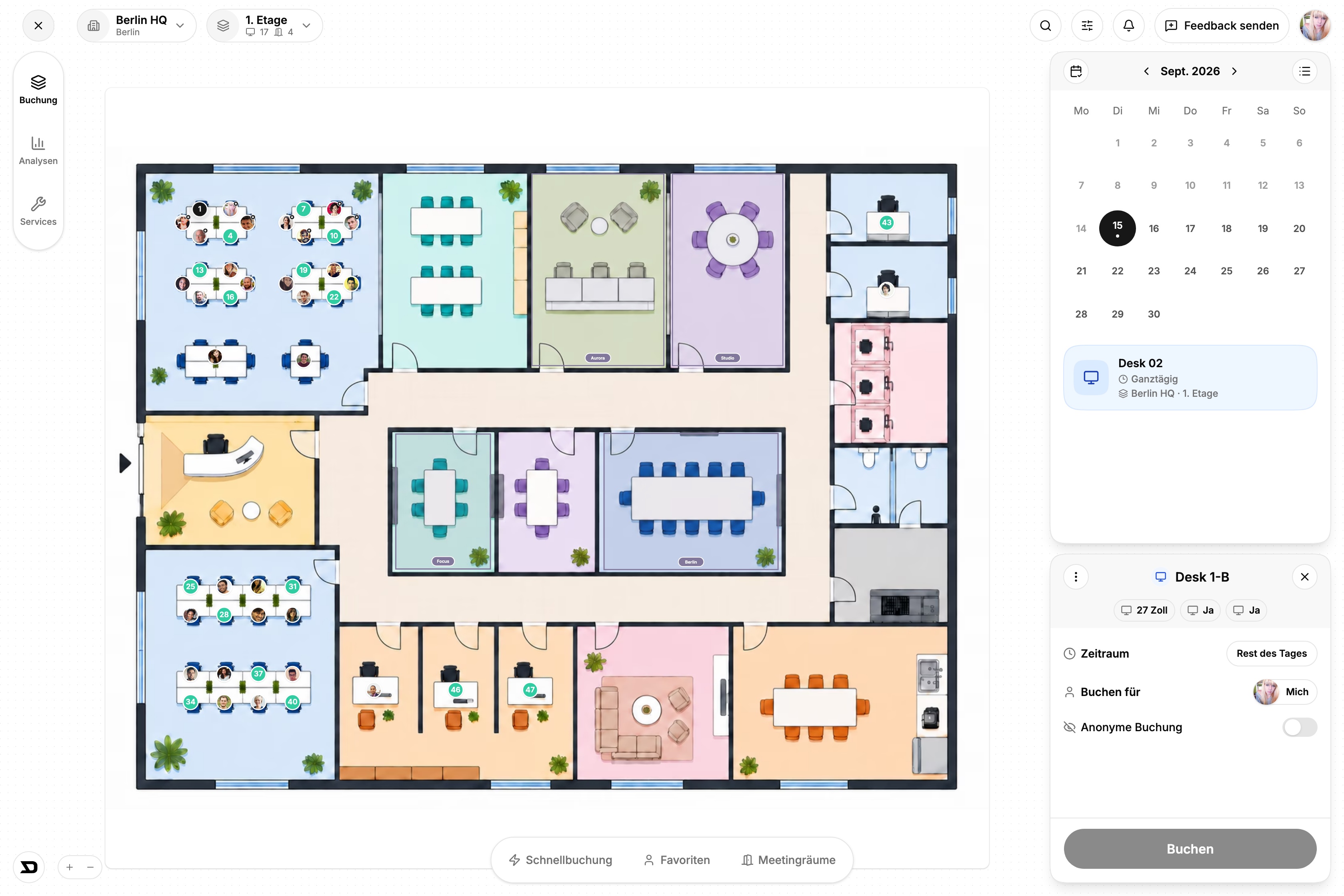 Desklix Web-App mit geöffneter Navigation, vollständigem Etagenplan und ausgewähltem Arbeitsplatz mit Buchungskarte