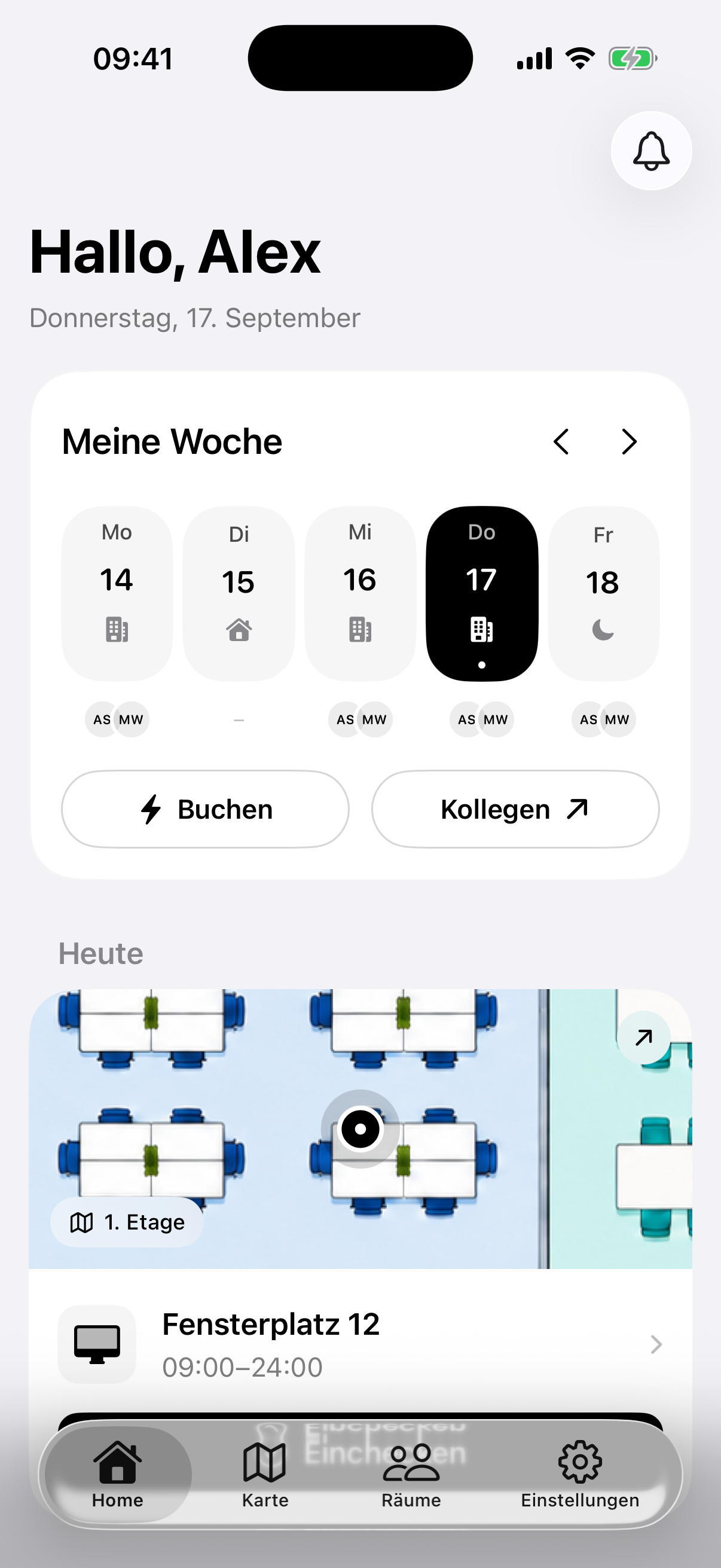Aktuelle native Desklix iOS-App mit Wochenplanung, Kollegen und gebuchtem Arbeitsplatz; Demodaten