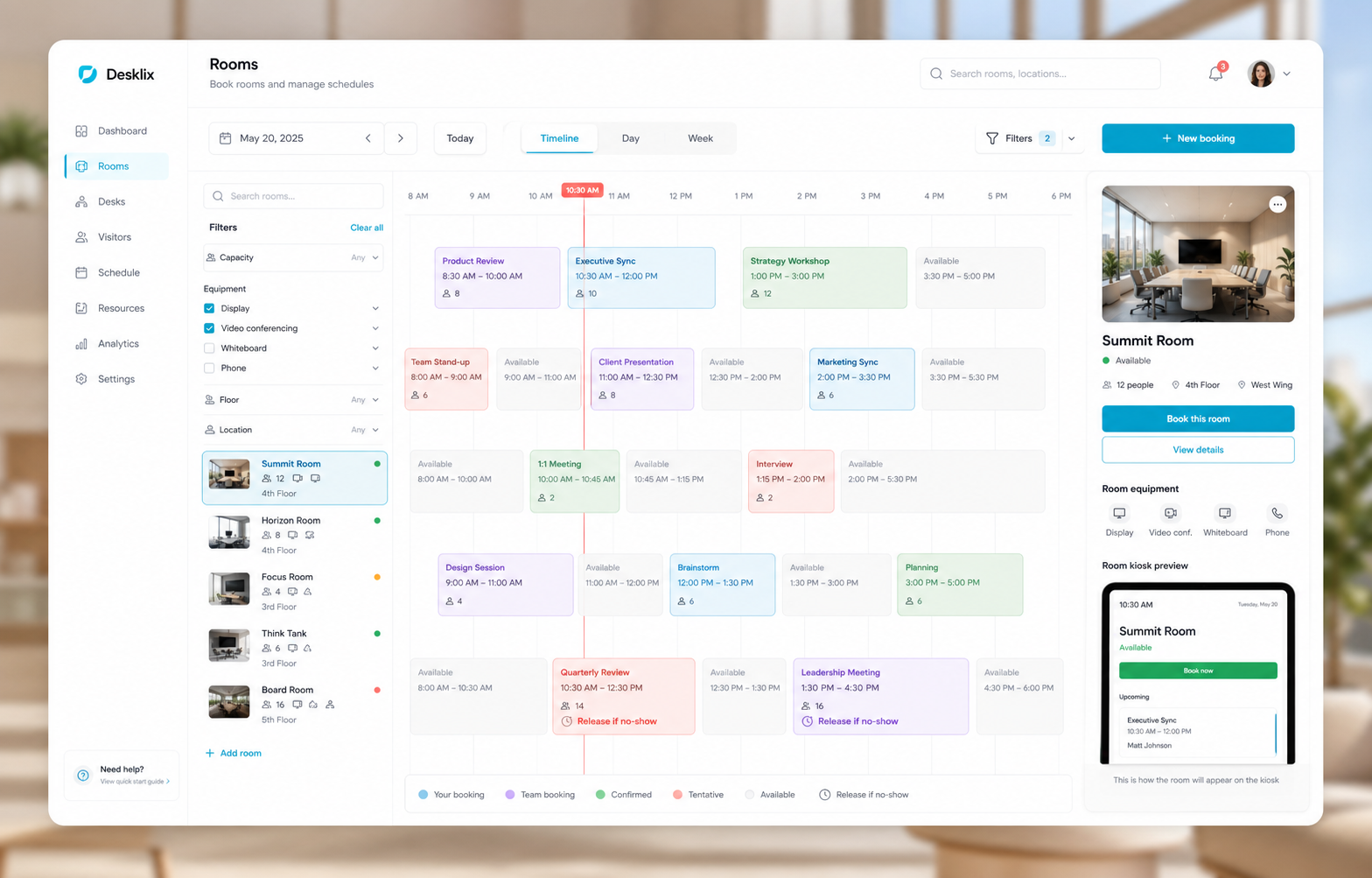 Desklix Meeting-Room-Ansicht mit Zeitplan, Verfügbarkeit und Raumdisplay.