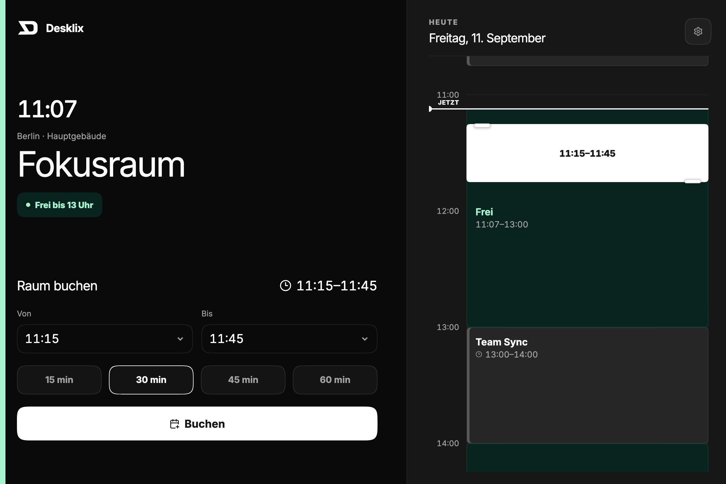 Echte Desklix Raumdisplay-App mit Verfügbarkeit und Tageszeitplan; Beispieldaten